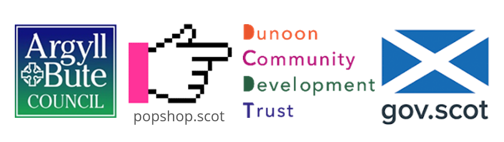 Funder logos (Argyll and Bute Council, popshop.scot, Dunoon Community Development Trust, Scottish Government)